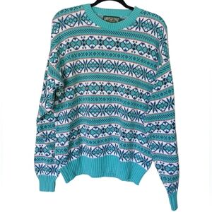 American Eagle Outfitters Vintage 90s Teal and White Crewneck Sweater Large